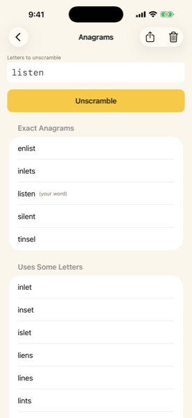 Anagram solver showing exact anagrams and shorter words found inside the letters