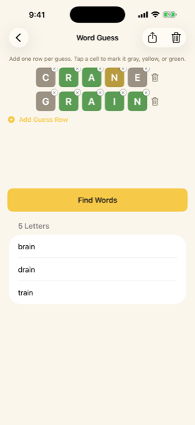 Word Guess helper showing green, yellow, and gray tile input on iPhone